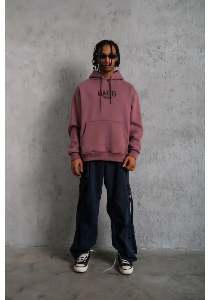 Erkek 3 İplik Pamuklu Kapüşonlu Baskılı Cepli Oversize Sweatshirt Hoodie - Gül Kurusu