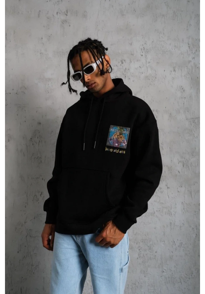 Erkek Patel Six Baskılı Kapüşonlu Sweat - Siyah