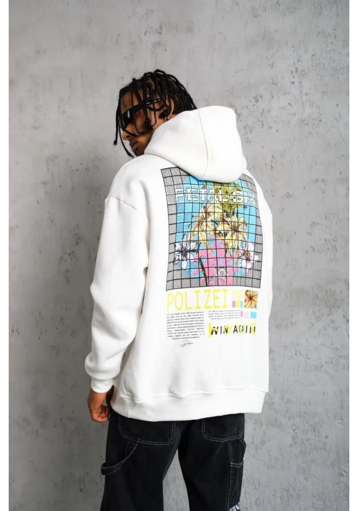 Erkek 3 İplik Pamuklu Kapüşonlu Baskılı Cepli Oversize Sweatshirt Hoodie - Beyaz