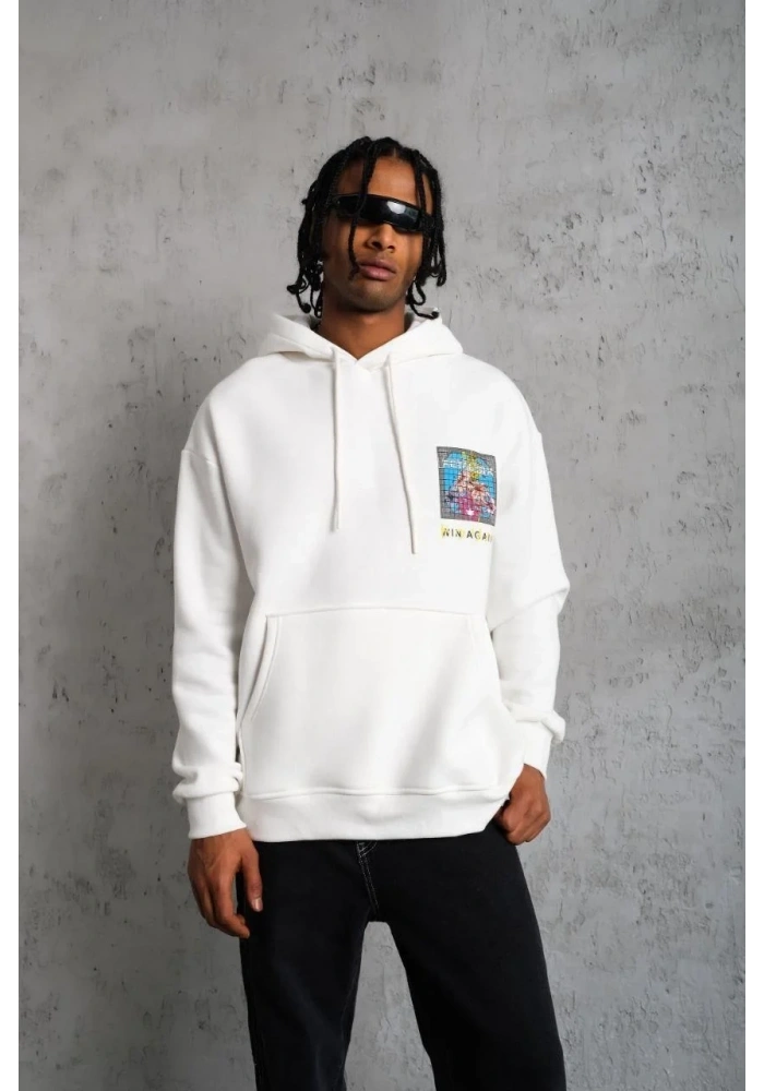 Erkek 3 İplik Pamuklu Kapüşonlu Baskılı Cepli Oversize Sweatshirt Hoodie - Beyaz