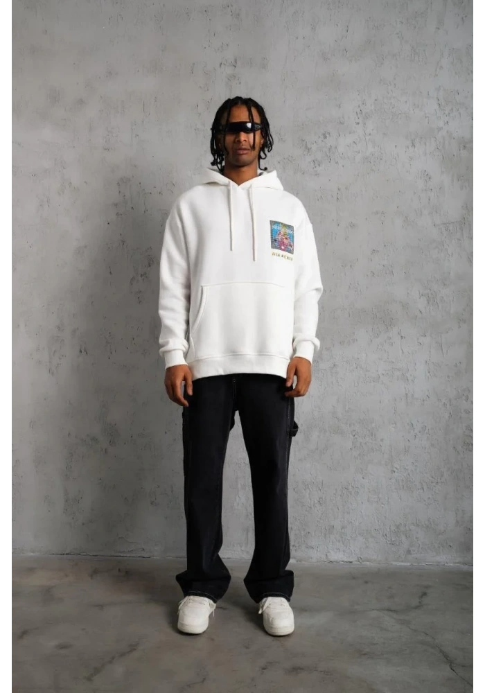 Erkek 3 İplik Pamuklu Kapüşonlu Baskılı Cepli Oversize Sweatshirt Hoodie - Beyaz
