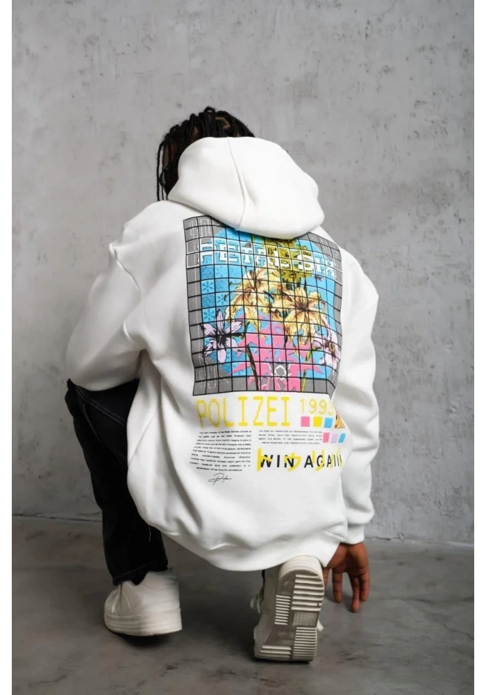 Erkek 3 İplik Pamuklu Kapüşonlu Baskılı Cepli Oversize Sweatshirt Hoodie - Beyaz