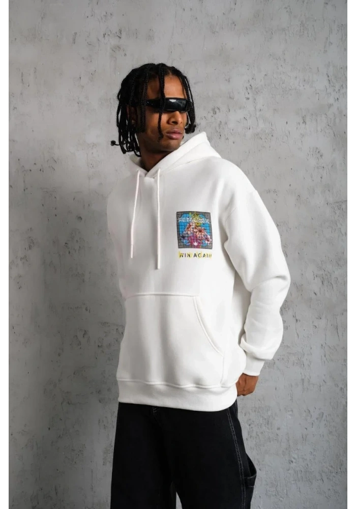 Erkek 3 İplik Pamuklu Kapüşonlu Baskılı Cepli Oversize Sweatshirt Hoodie - Beyaz