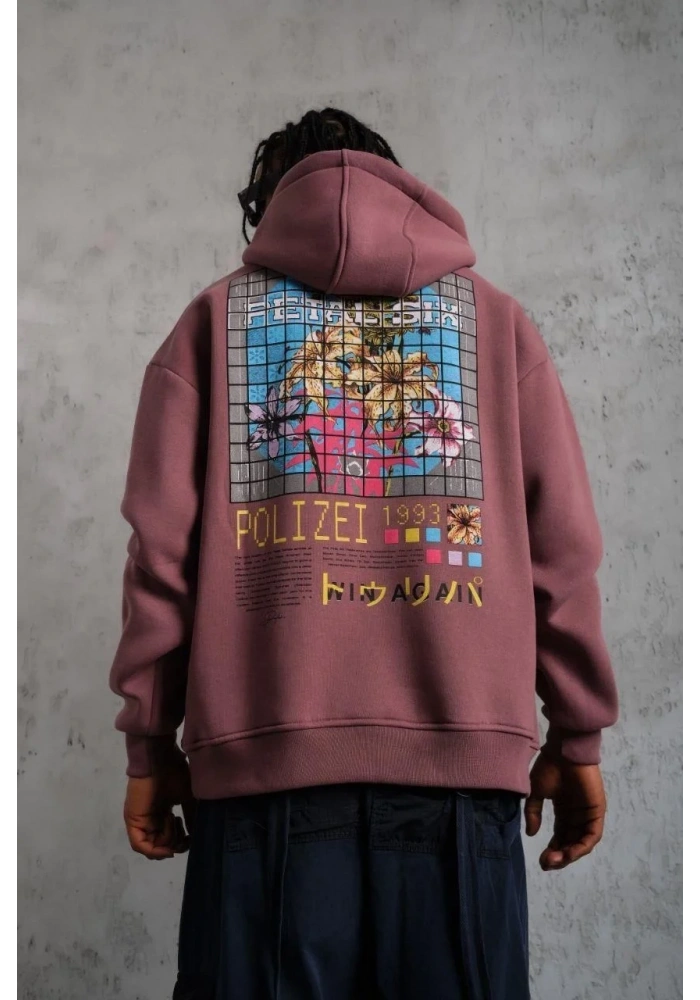 Erkek 3 İplik Pamuklu Kapüşonlu Baskılı Cepli Oversize Sweatshirt Hoodie - Gül Kurusu