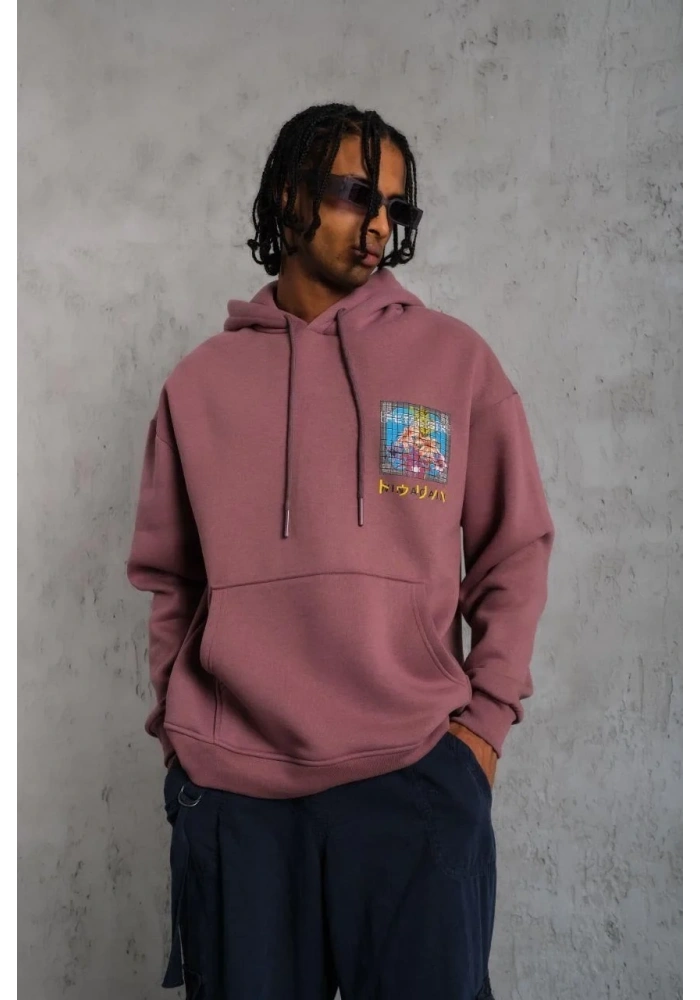Erkek 3 İplik Pamuklu Kapüşonlu Baskılı Cepli Oversize Sweatshirt Hoodie - Gül Kurusu