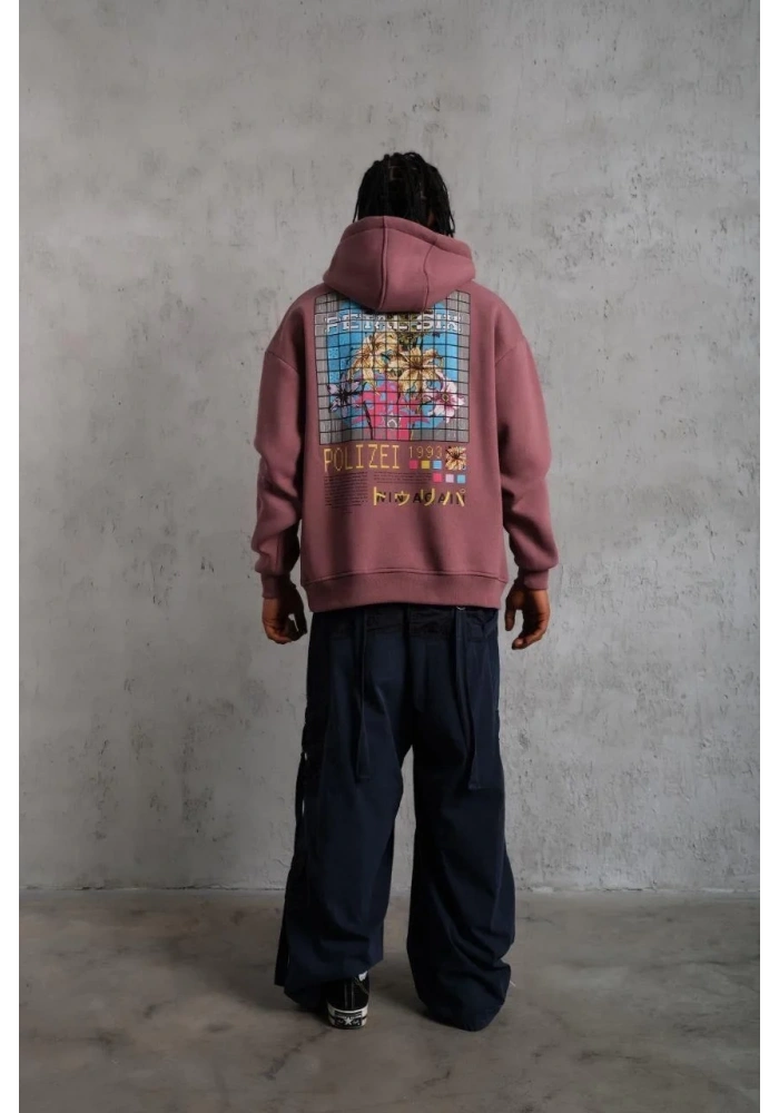 Erkek 3 İplik Pamuklu Kapüşonlu Baskılı Cepli Oversize Sweatshirt Hoodie - Gül Kurusu