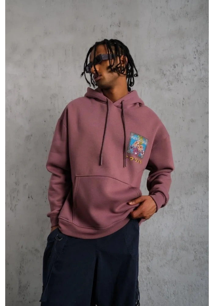 Erkek 3 İplik Pamuklu Kapüşonlu Baskılı Cepli Oversize Sweatshirt Hoodie - Gül Kurusu