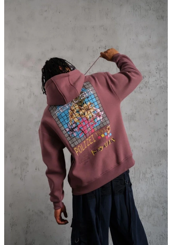 Erkek 3 İplik Pamuklu Kapüşonlu Baskılı Cepli Oversize Sweatshirt Hoodie - Gül Kurusu
