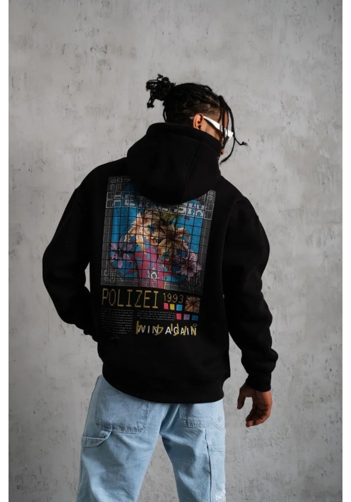 Erkek 3 İplik Pamuklu Kapüşonlu Baskılı Cepli Oversize Sweatshirt Hoodie - Siyah