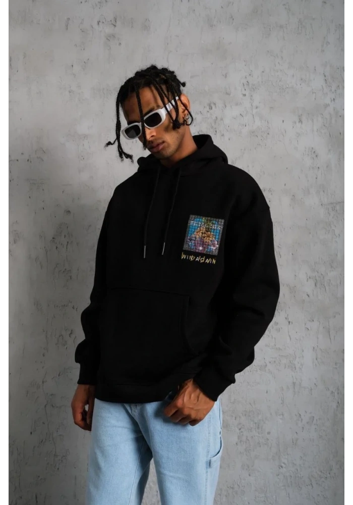 Erkek 3 İplik Pamuklu Kapüşonlu Baskılı Cepli Oversize Sweatshirt Hoodie - Siyah