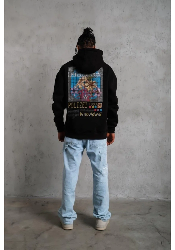 Erkek 3 İplik Pamuklu Kapüşonlu Baskılı Cepli Oversize Sweatshirt Hoodie - Siyah