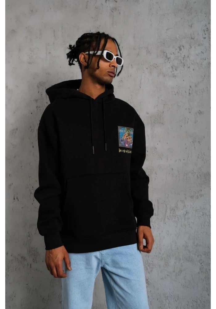Erkek 3 İplik Pamuklu Kapüşonlu Baskılı Cepli Oversize Sweatshirt Hoodie - Siyah