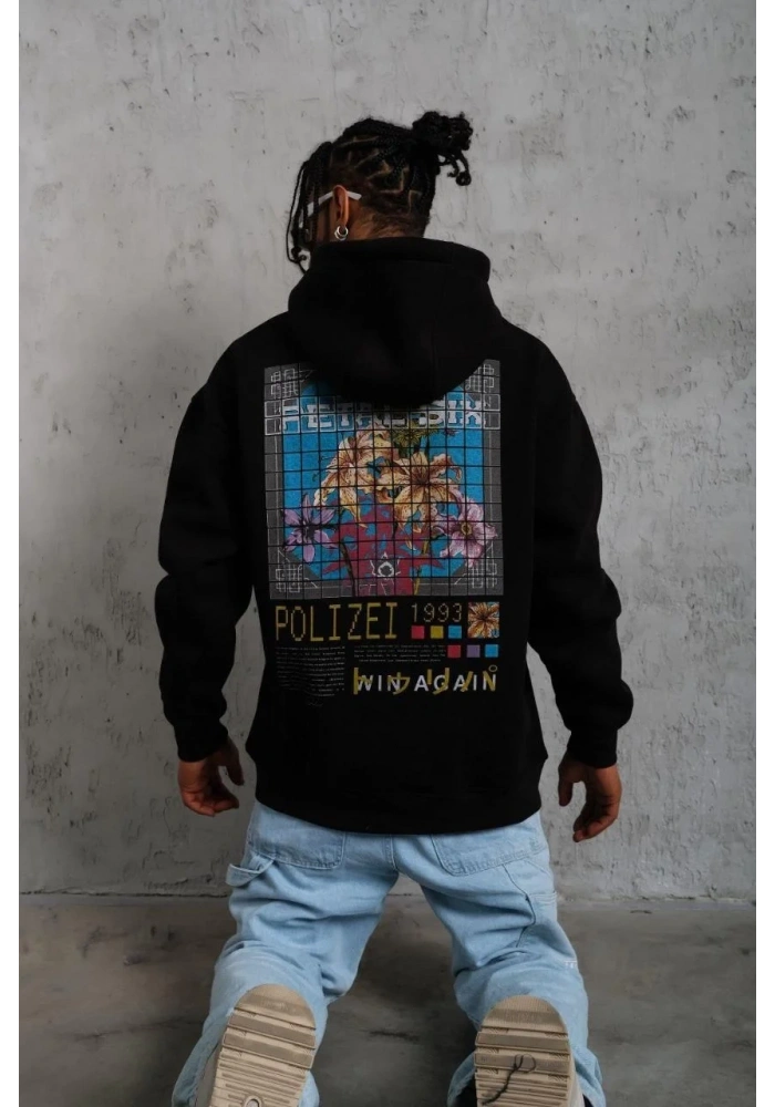 Erkek 3 İplik Pamuklu Kapüşonlu Baskılı Cepli Oversize Sweatshirt Hoodie - Siyah