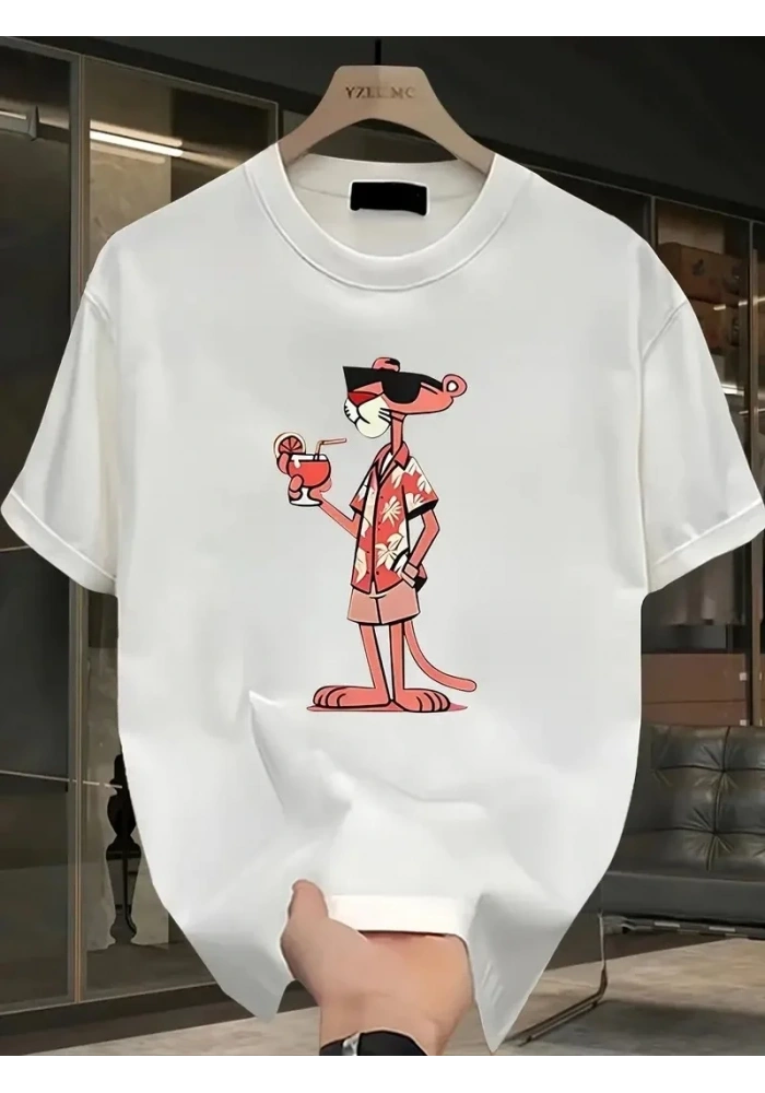 Erkek Bisiklet yaka t-shirt Pembe Panter Baskılı Kısa Kollu Tişört - Beyaz