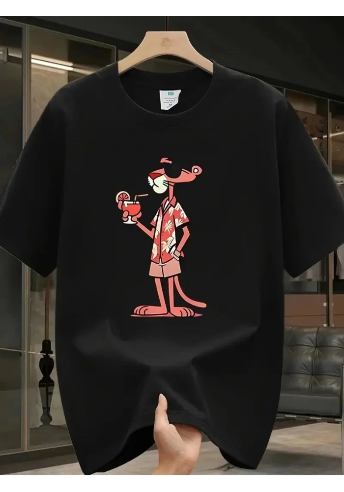 Erkek T-Shirt Pembe Panter Baskılı Kısa Kollu Tişört - Siyah