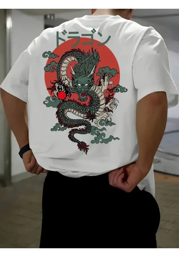 Erkek Tişört Penye Compack Ejder Baskılı Bisiklet Yaka T-shirt - Beyaz