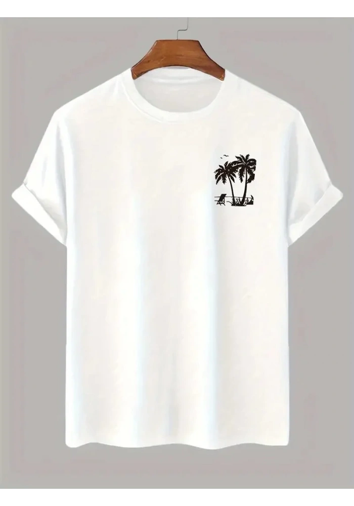 Erkek Kısa Kol Yazlık Tişört Bisiklet Yaka Palmiye Baskılı T-Shirt - Beyaz