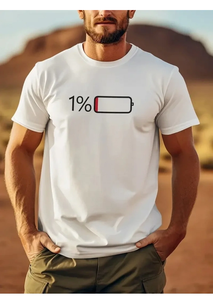 Erkek Sarj %1 Baskılı T-Shirt Kısa Kol Bisiklet Yaka Regular Fit Tişört - Beyaz