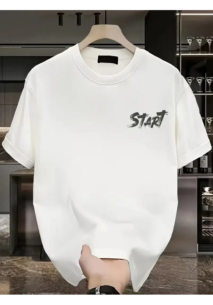 Erkek Kısa Kol Yazlık Tişört Bisiklet Yaka Baskılı Oversize T-Shirt - Beyaz