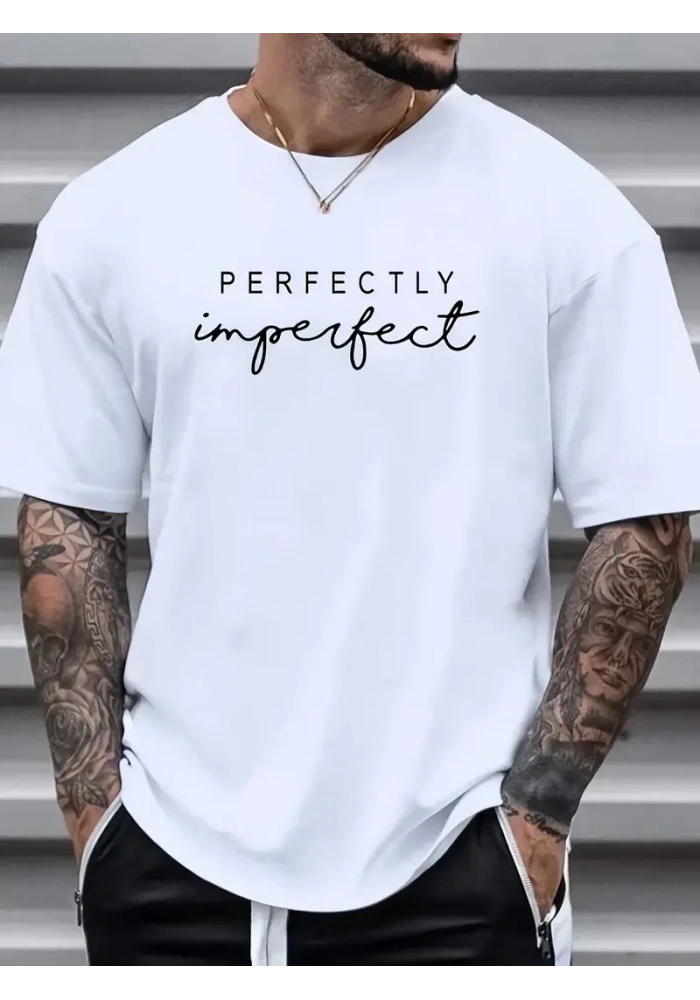 Erkek PERFECTLY Baskılı Tişört Bisiklet yaka yazlık Kısa Kol t-shirt - Beyaz