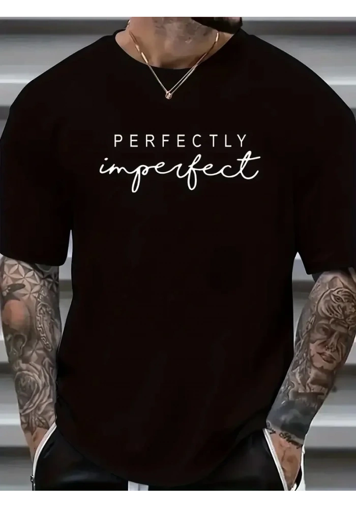 Erkek PERFECTLY Baskılı Tişört Bisiklet yaka yazlık Kısa Kol t-shirt - Siyah
