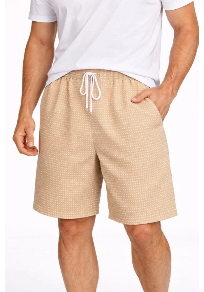 Erkek Pötikareli Şort – Beli Lastikli Bağcıklı, Cepli, Rahat Kesim Günlük Yazlık Şort - Bej