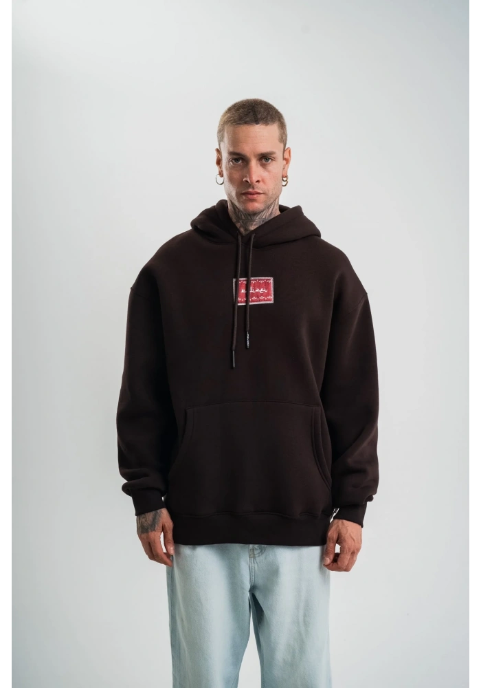 Erkek Nakışlı Kapüşonlu Oversize 3 İplik Pamuklu SweatShirt Hoodie - Siyah