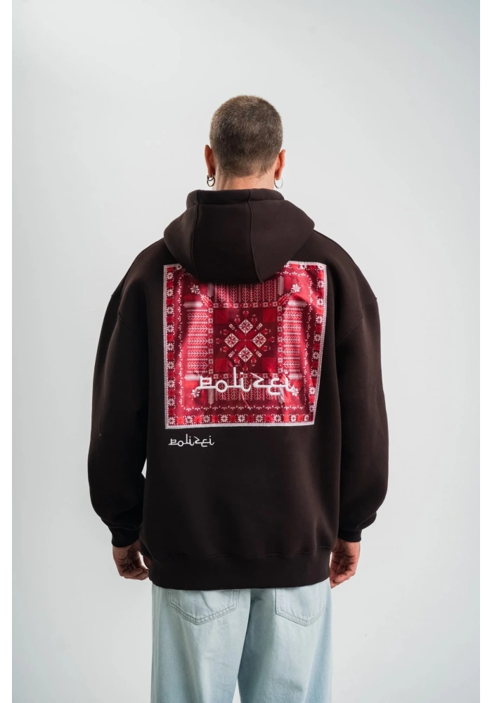 Erkek Premium Nakışlı Kapşonlu Sweatshirt Double Oversize Üç İplik Pamuklu - Siyah