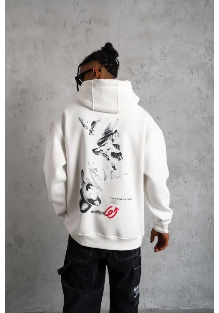 Erkek 3 İplik Pamuklu Kapüşonlu Baskılı Cepli Oversize Sweatshirt Hoodie - Beyaz