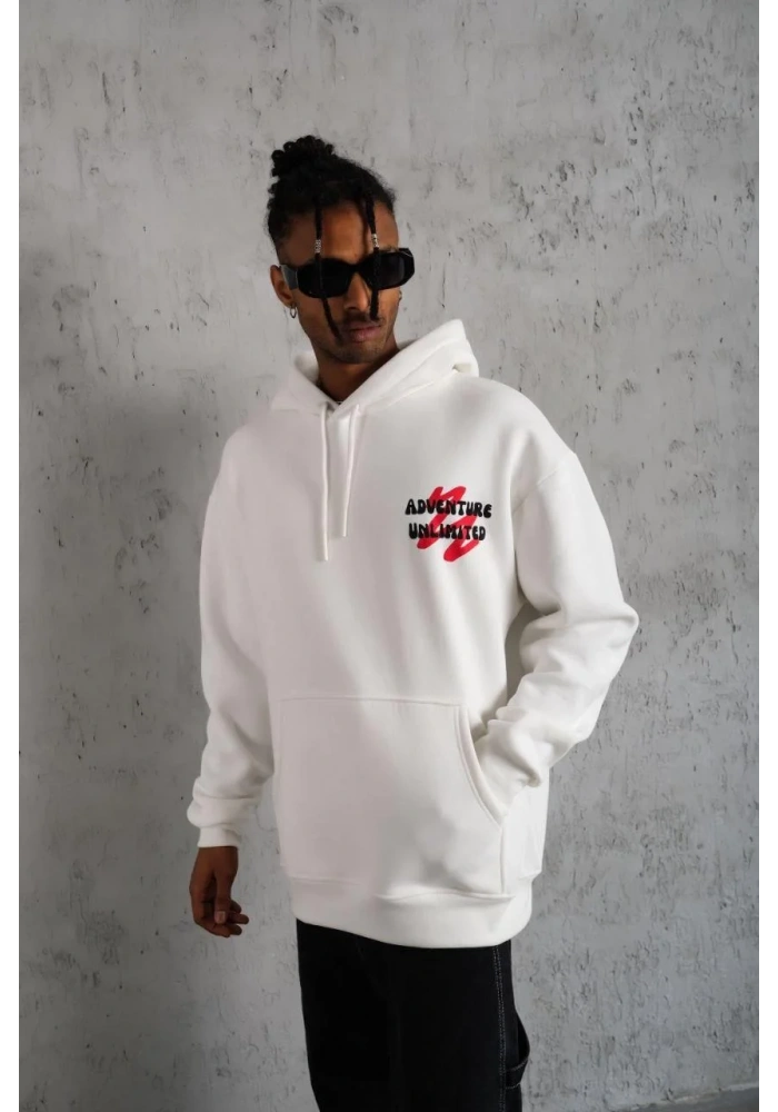 Erkek Şapkalı Güvercin Baskılı Kapşonlu Sweat - Beyaz