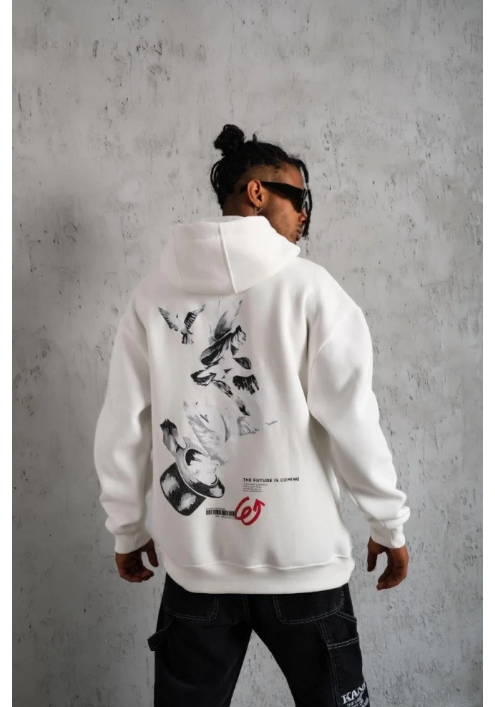 Erkek 3 İplik Pamuklu Kapüşonlu Baskılı Cepli Oversize Sweatshirt Hoodie - Beyaz