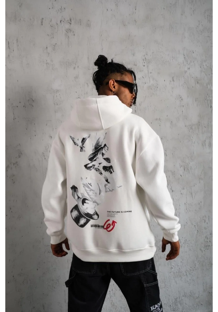 Erkek Şapkalı Güvercin Baskılı Kapşonlu Sweat - Beyaz