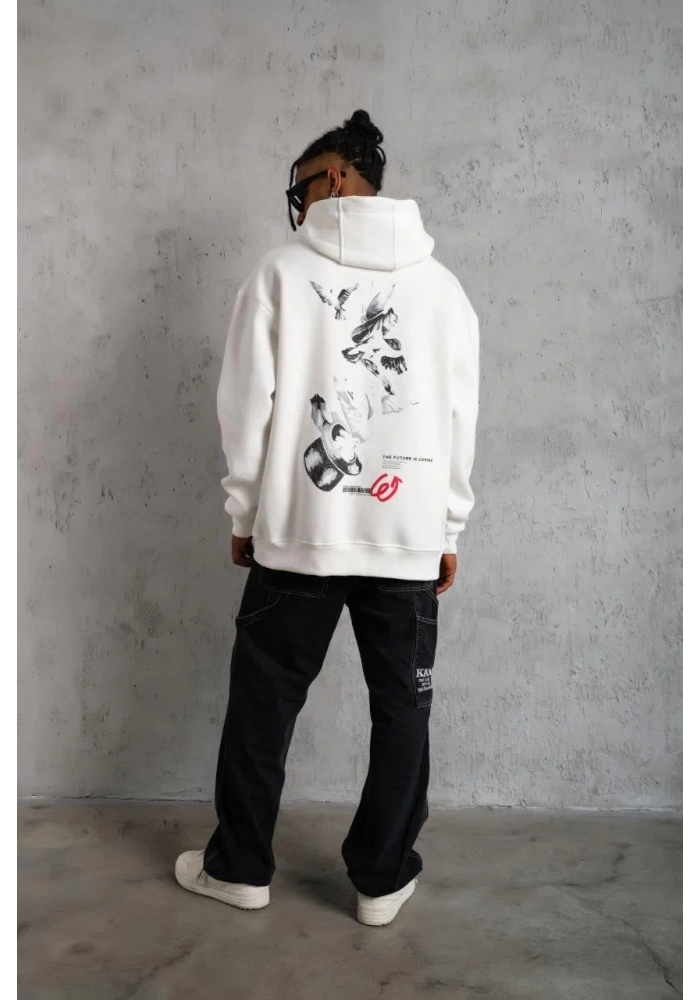 Erkek 3 İplik Pamuklu Kapüşonlu Baskılı Cepli Oversize Sweatshirt Hoodie - Beyaz