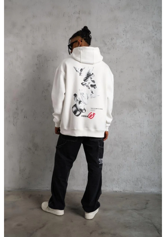 Erkek Şapkalı Güvercin Baskılı Kapşonlu Sweat - Beyaz