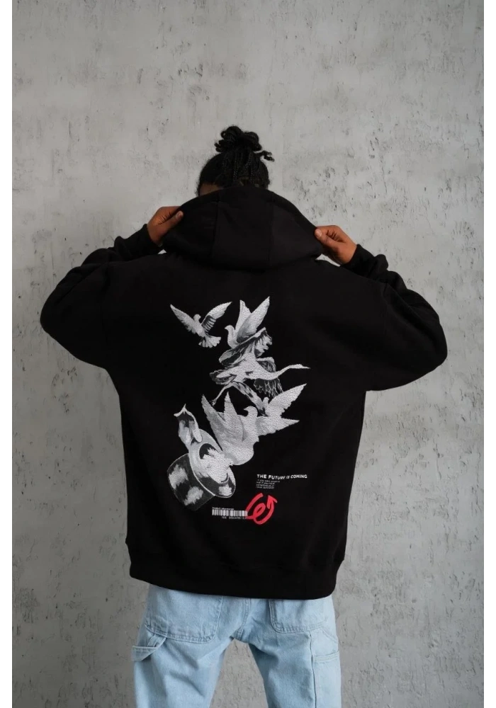 Erkek Şapkalı Güvercin Baskılı Kapşonlu Sweat - Siyah