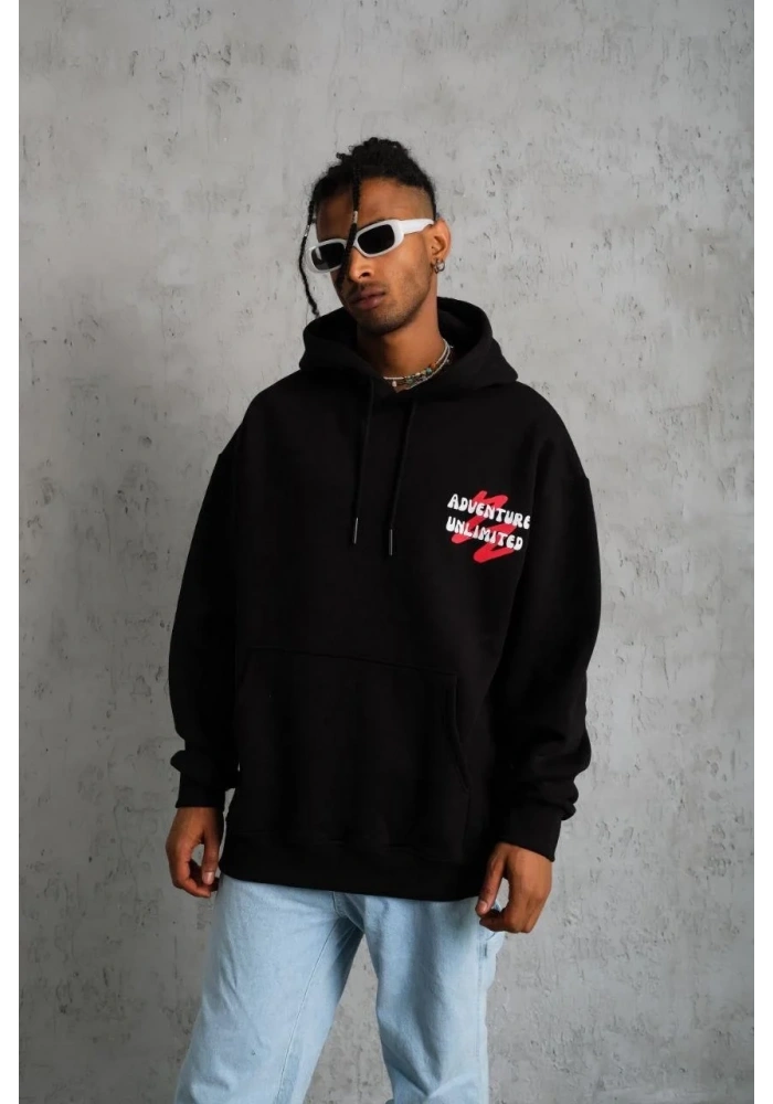 Erkek Şapkalı Güvercin Baskılı Kapşonlu Sweat - Siyah