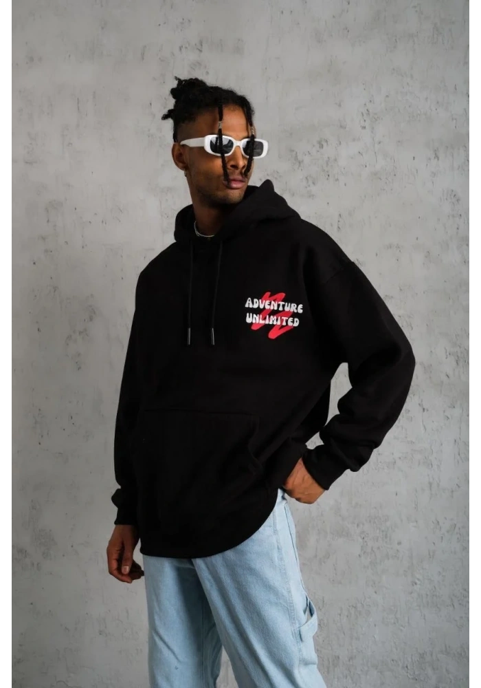 Erkek Şapkalı Güvercin Baskılı Kapşonlu Sweat - Siyah