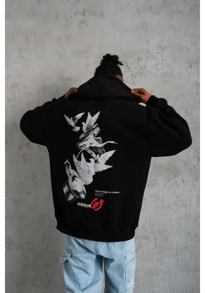 Erkek Şapkalı Güvercin Baskılı Kapşonlu Sweat - Siyah