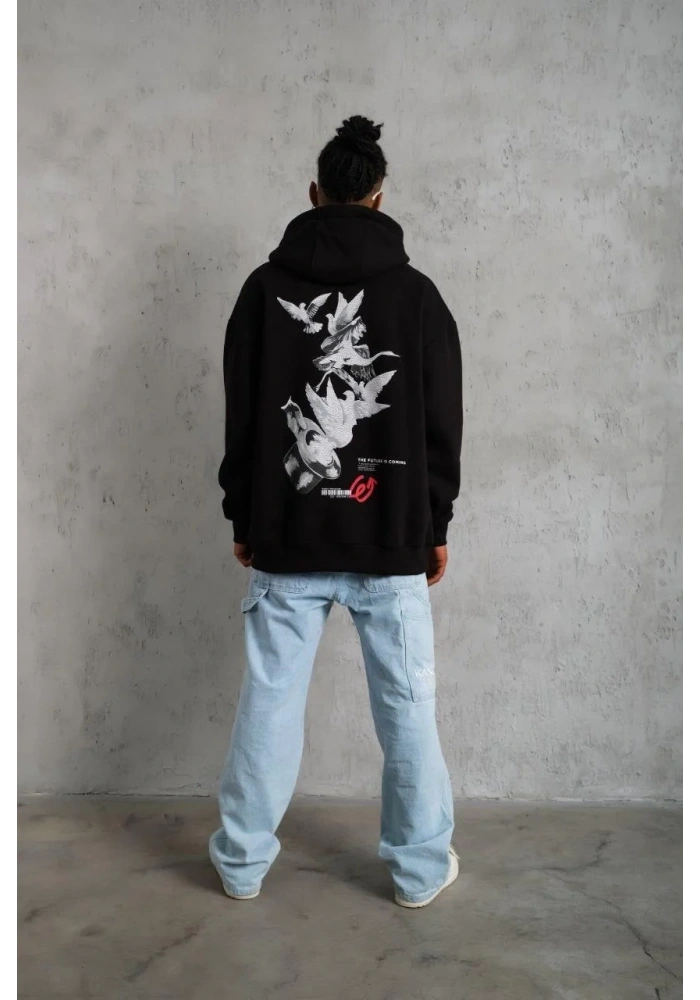 Erkek Şapkalı Güvercin Baskılı Kapşonlu Sweat - Siyah