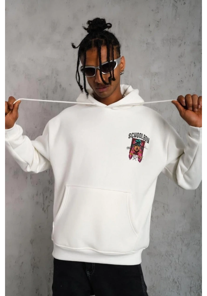 Erkek 3 İplik Pamuklu Kapüşonlu Baskılı Cepli Oversize Sweatshirt Hoodie - Beyaz