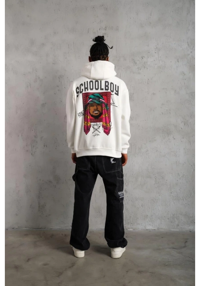 Erkek 3 İplik Pamuklu Kapüşonlu Baskılı Cepli Oversize Sweatshirt Hoodie - Beyaz