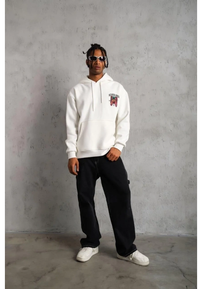 Erkek 3 İplik Pamuklu Kapüşonlu Baskılı Cepli Oversize Sweatshirt Hoodie - Beyaz