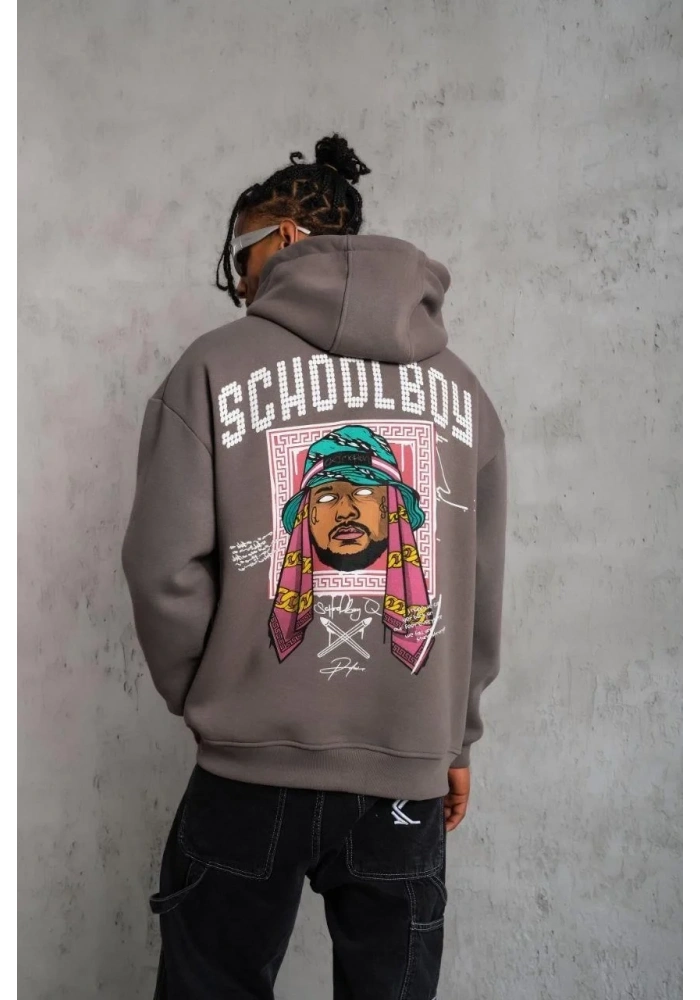 Erkek 3 İplik Pamuklu Kapüşonlu Baskılı Cepli Oversize Sweatshirt Hoodie - Gri