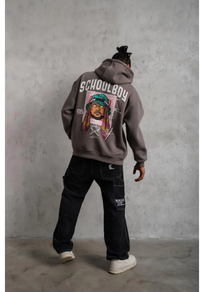 Erkek 3 İplik Pamuklu Kapüşonlu Baskılı Cepli Oversize Sweatshirt Hoodie - Gri