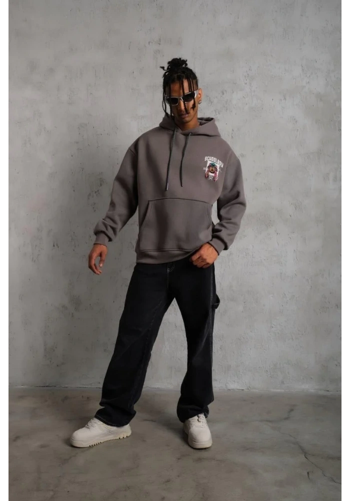 Erkek 3 İplik Pamuklu Kapüşonlu Baskılı Cepli Oversize Sweatshirt Hoodie - Gri