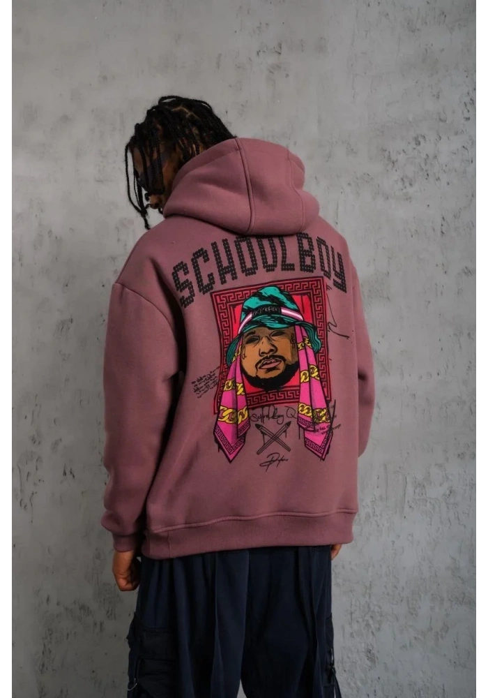 Erkek 3 İplik Pamuklu Kapüşonlu Baskılı Cepli Oversize Sweatshirt Hoodie - Gül Kurusu