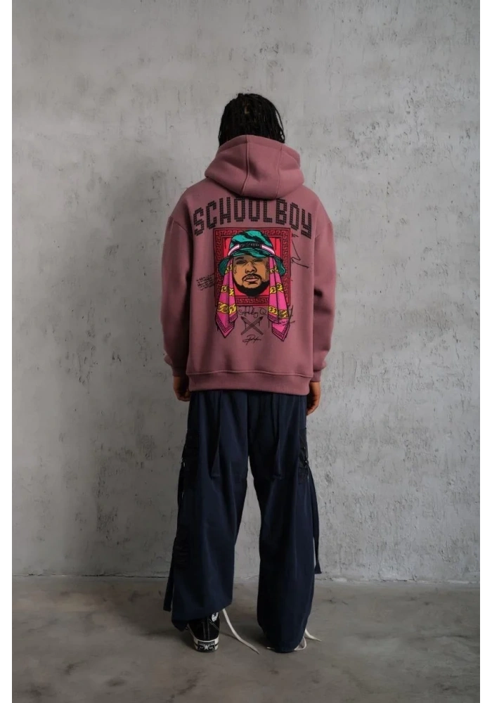 Erkek 3 İplik Pamuklu Kapüşonlu Baskılı Cepli Oversize Sweatshirt Hoodie - Gül Kurusu