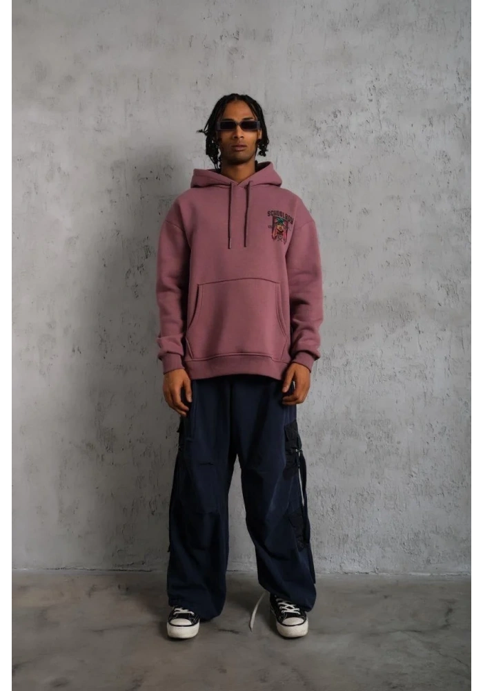 Erkek 3 İplik Pamuklu Kapüşonlu Baskılı Cepli Oversize Sweatshirt Hoodie - Gül Kurusu
