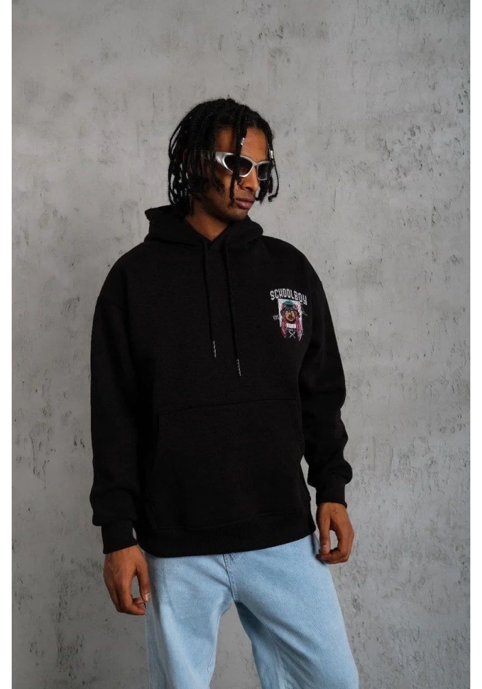 Erkek 3 İplik Pamuklu Kapüşonlu Baskılı Cepli Oversize Sweatshirt Hoodie - Siyah