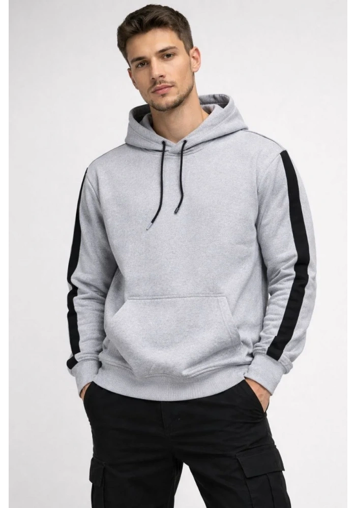 Erkek Şeritli Kapüşonlu Oversize Sweatshirt 3 iplik Pamuklu hoodie - Beyaz